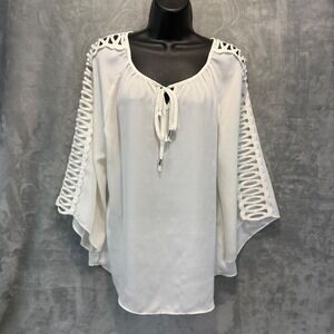 Zac & Rachel Ivory 3/4 Sleeve Tie Neck Blouse Crochet Lattice Detail Medium